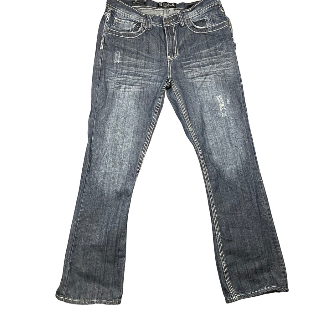 CJ Black Premium Mens Low Rise Bootcut Jeans 33x32 Cross Pockets Distressed Y2K